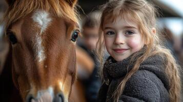 A smiling girl stands beside a brown horse at a stable in the countryside. She wears a cozy jacket and enjoys a pleasant afternoon, showcasing the joyful connection with her horse. photo
