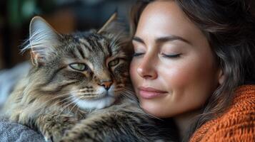 A woman with a serene expression snuggles close to her fluffy cat, creating a warm atmosphere as they enjoy a peaceful afternoon together in a cozy living space. photo