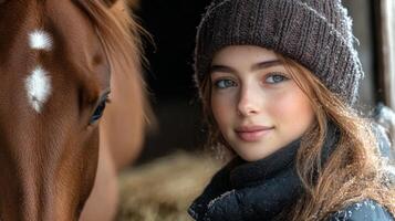A girl with striking blue eyes wearing a knitted hat smiles gently beside a horse in a rustic barn filled with hay, capturing a moment of warmth during winter. photo