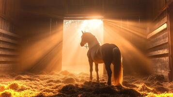 A horse is positioned in a barn surrounded by hay, with golden rays of sunlight casting a gentle glow through the open door, creating a tranquil scene at dawn. photo