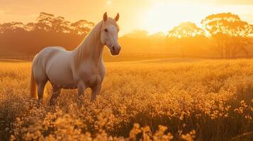 A stunning white horse poses elegantly amidst a blooming field as the sun sets, casting a golden hue across the serene landscape, creating a tranquil atmosphere. photo