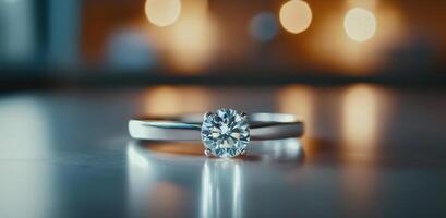 A stunning diamond engagement ring with a round cut sits elegantly on a shiny surface. Soft warm lights create a cozy atmosphere, highlighting the ring's brilliance and design. photo