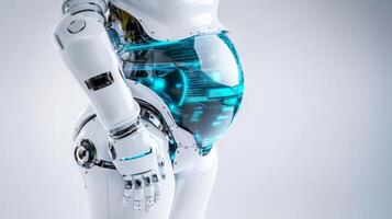 A futuristic robot showcases a transparent abdomen, revealing a developing embryo inside. The design blends technology with concepts of life, highlighting advancements in robotics and reproduction. photo