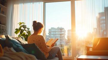 A pregnant woman sits comfortably on a couch, engrossed in a book, as the warm sunlight filters through large windows. The peaceful home environment highlights her serene moment of relaxation. photo