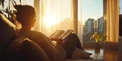 A woman in the later stages of pregnancy relaxes on a couch and reads a book as sunlight fills the room. photo