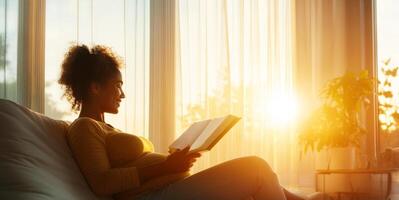 A woman in her pregnancy sits comfortably on a couch, engrossed in a book. Sunlight filters through sheer curtains, creating a warm atmosphere in her inviting home. photo