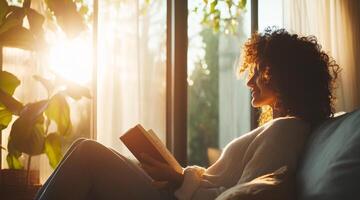 A pregnant woman sits comfortably on a sofa, reading a book while enjoying warm sunlight streaming through large windows. The tranquility of her home creates a peaceful atmosphere. photo