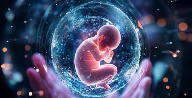 Embryo is depicted in a protective and luminous sphere held gently by hands. The surrounding environment features soft lights and futuristic elements that suggest advanced technology and care. photo