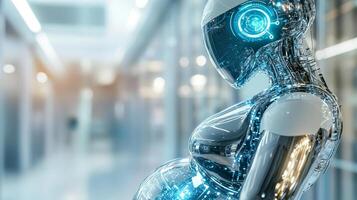 A sleek robotic figure, designed with advanced technology, displays visible signs of pregnancy. photo