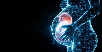 A glowing figure representing a pregnant individual cradles a luminous embryo. This artwork symbolizes the fusion of technology and human development in a futuristic landscape. photo