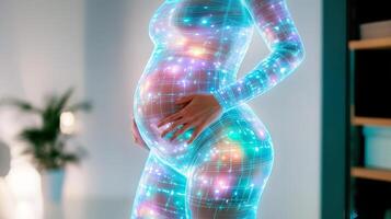 A pregnant figure stands with a glowing, digitized overlay of colorful patterns, symbolizing the connection between life and technology. The futuristic design highlights the beauty of motherhood. photo