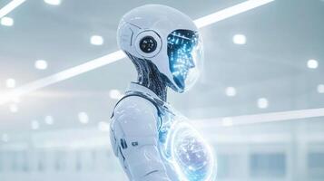 A humanoid robot stands in a sleek, modern environment, featuring glowing elements. Its transparent chest reveals a glowing embryo, symbolizing the fusion of technology and life in new explorations. photo