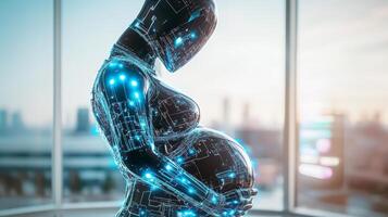 A robotic figure with a glowing body illustration is shown in a serene urban setting. The futuristic design emphasizes the concept of pregnancy, intertwining technology and life in a modern context. photo