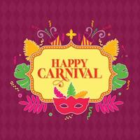 Happy Carnival. Celebrate with a festive design featuring musical instruments, tambourines, masks, confetti, and vibrant leaves set against a magical and colorful background. vector