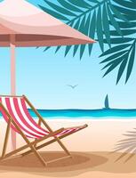Poster template with beach background. A close-up of the beach chair under an umbrella and the seaside. Design for summer vacation advertising. vector