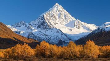 Majestic Snow Capped Mountain Peak with Golden Autumn Foliage photo