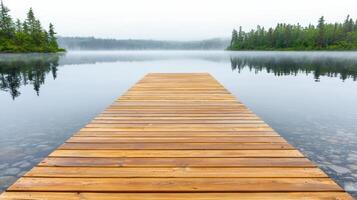 Serene Wooden Dock Extending to Misty Lake with Reflections of Trees photo