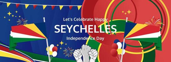 Commemorate Seychelles National Day on June 29th with a colorful greeting banner. Flag inspired design great for events, festivals, and tourism promotion. vector