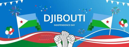 Mark Djibouti Independence Day on June 27th with a dynamic banner. Celebrate with flag inspired designs, perfect for events, feasts, and promoting cultural tourism. vector