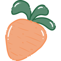 A cartoon-style illustration depicts a plump orange carrot with green frilly leaves sprouting from the top. png