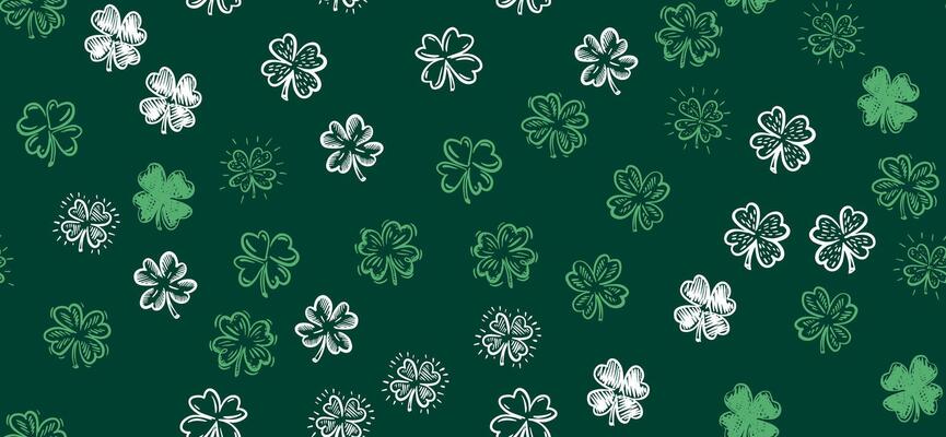 Clover pattern on green, Saint Patricks Day, hand drawn illustrations