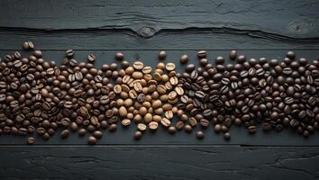 Assorted coffee beans arranged on dark textured tabletop showcasing a variety of colors and types from darker to lighter shades. photo