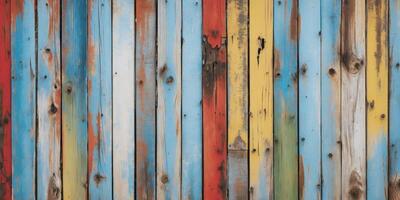 Colorful weathered wooden planks background with various shades of red blue yellow and green suitable for design projects with Copy Space photo