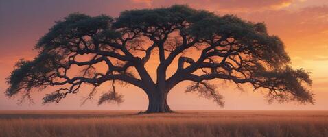 A large tree stands alone in a field at sunset photo