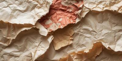 Wrinkled and torn brown and red paper texture with copy space for design or background use. photo