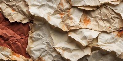 Wrinkled and torn brown and red paper texture with copy space for design or background use photo