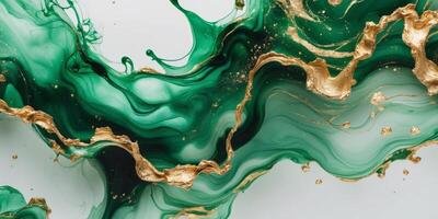 Abstract emerald green and gold ink splash background with fluid marble texture style photo
