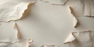Textured vintage paper background with creases and ripped edges featuring neutral colors and soft shadows Copy Space. photo