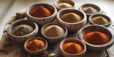 Assorted spices in wooden bowls with textured surfaces placed on a wooden table with blurred background Copy Space photo