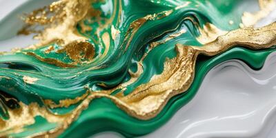 Abstract Swirling Green and Gold Fluid Art with Textured Veins for Design. photo