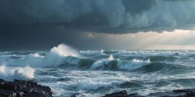 Dark turbulent ocean waves under stormy clouds with dramatic lighting and rocky foreground Copy Space. photo