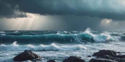 Dark turbulent ocean waves under stormy clouds with dramatic lighting and rocky foreground Copy Space photo