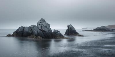 Rocks emerging from the ocean under overcast skies create a stark and moody coastal landscape near an unknown shore photo