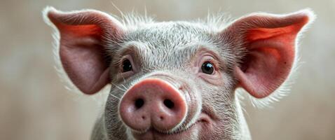 Close up of funny fisheye perspective of pig's face. photo