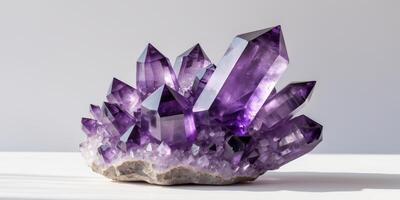 Purple Amethyst Crystal Cluster with Translucent Texture and Copy Space for Text. photo
