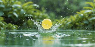Water Splash with Yellow Ball in Lush Green Nature Background photo
