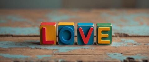 Four colorful wooden alphabet blocks spelling the word love are displayed on a rustic wooden surface photo