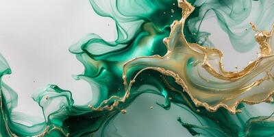 Abstract emerald green and gold ink splash background with fluid marble texture style. photo