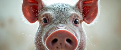Close up of funny fisheye perspective of pig's face photo