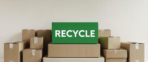 A pile of cardboard boxes with a green box in the middle that says recycle photo