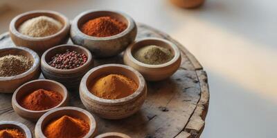 Assorted spices in wooden bowls with textured surfaces placed on a wooden table with blurred background Copy Space. photo