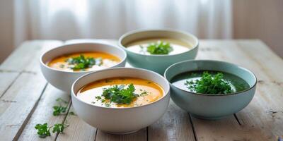 Four bowls of different soups on a wooden table with fresh herbs Copy Space. photo