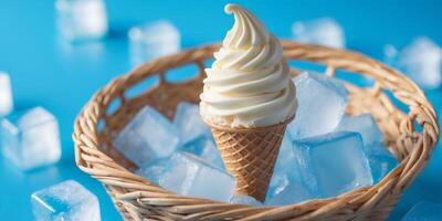 Ice cream cone in a woven basket surrounded by ice cubes on a blue background Copy Space. photo