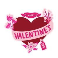 Valentine's Day Greeting Card Sticker Typography cute maroon heart shapes pink flower and leaves vector