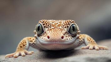 Close up of a leopard gecko s face with a natural background photo