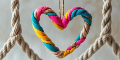 Colorful heart shape made from natural fibers on intertwined rope background with copy space for text photo